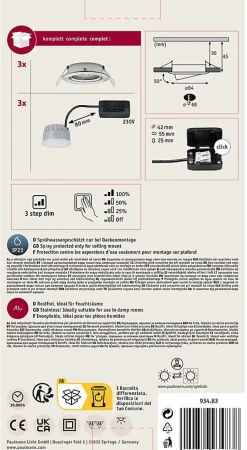 Spot encastré LED 3-Step-Dim Nova Coin Kit de base orientable rond 84mm 50 Coin 3x6W 3x470lm 230V gradable 2700K Acier brossé