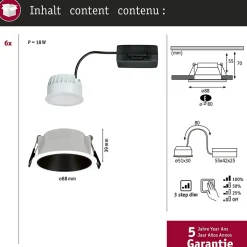 Spot encastré LED 3-Step-Dim Cole Coin Kit de 6 IP44 rond 88mm Coin 6x6W 6x470lm 230V gradable 2700K Blanc Noir mat