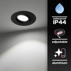 Spot encastrable au plafond IP44 noir, ampoule 6500K 5,5W GU10, orientable, encastrable, POLI EDO, 6 pcs.