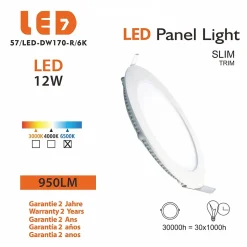 Spot Encastrable Led Downlight Panel Extra-plat 12w Blanc Froid 6000k, Diamètre : 168mm