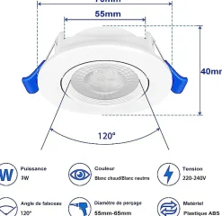 Spot Led Encastrable L anneau Clane Orientable ESCARGOT 3W 3000k Rond
