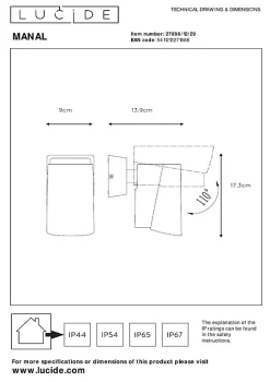 Spot mural MANAL en aluminium avec LED intégré - Anthracite - Lucide