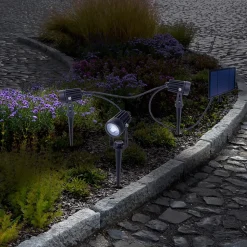 Spot solaire 3 LED Spoti piquet terre extérieur métal plastique noir 3 niveaux puissance LED fixes