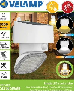 SUGAR : Projecteur LED solaire 2000 lumens, monobloc, avec détecteur de mouvement. Blanc