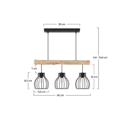 Suspension 3 lampes en bois d'eucalyptus et métal noir - Abby