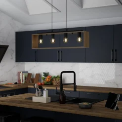 Suspension 4 lampes rectangle noir et effet bois E27 28W L.77 x 110 cm GoodHome Dunlin