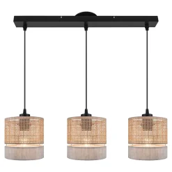 Suspension 3 lampes rotin et métal noir E27 15W H.110cm GoodHome Conebill