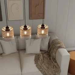 Suspension 3 lampes rotin et métal noir E27 15W H.110cm GoodHome Conebill