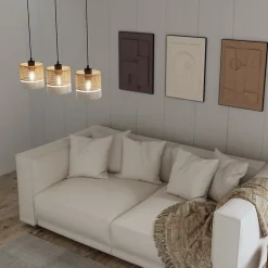 Suspension 3 lampes rotin et métal noir E27 15W H.110cm GoodHome Conebill