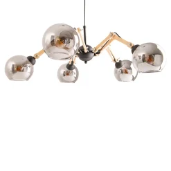 Suspension 5 lampes SOITO métal verre et bois hévéa douilles E14 pour salle à manger salon entrée bureau diamètre 80cm