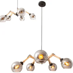 Suspension 5 lampes SOITO métal verre et bois hévéa douilles E14 pour salle à manger salon entrée bureau diamètre 80cm