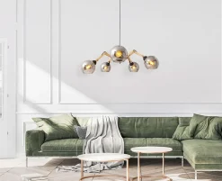 Suspension 5 lampes SOITO métal verre et bois hévéa douilles E14 pour salle à manger salon entrée bureau diamètre 80cm