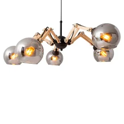 Suspension 5 lampes SOITO métal verre et bois hévéa douilles E14 pour salle à manger salon entrée bureau diamètre 80cm