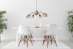 Suspension 5 lampes SOITO métal verre et bois hévéa douilles E14 pour salle à manger salon entrée bureau diamètre 80cm