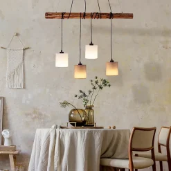 Suspension 4 pièces MALTA metal bois abat-jour textile gris blanc douille E27 pour salon bureau ou table de nuit