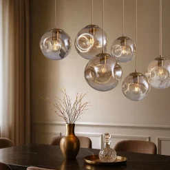 Suspension Art Déco Laiton avec Plaque de Plafond Ovale et Verre Ambré 6 Lumières - Douglass