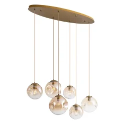 Suspension Art Déco Laiton avec Plaque de Plafond Ovale et Verre Ambré 6 Lumières - Douglass