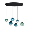 Suspension Art Déco Noire avec Plaque de Plafond Ovale et Verre Vert et Bleu 6 Lumières - Douglass