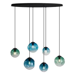 Suspension Art Déco Noire avec Plaque de Plafond Ovale et Verre Vert et Bleu 6 Lumières - Douglass