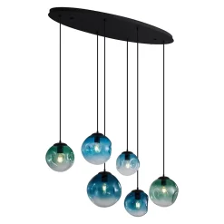Suspension Art Déco Noire avec Plaque de Plafond Ovale et Verre Vert et Bleu 6 Lumières - Douglass