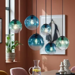 Suspension Art Déco Noire avec Plaque de Plafond Ovale et Verre Vert et Bleu 6 Lumières - Douglass