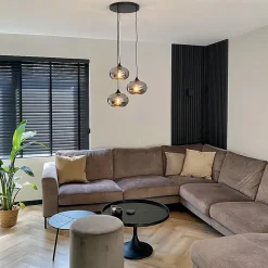 Suspension Art Déco noire avec verre fumé 3 lumières ronde - Busa