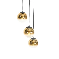 Suspension Art déco noire avec boules en verre dorées rondes 3 lumières - Pallon