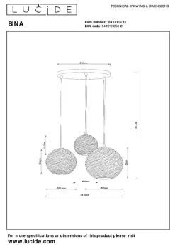 Suspension BINA en porcelaine avec 3xE27 - Blanc - Lucide