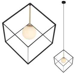 Suspension CADRE rétro métal et verre noir et blanc douille G9 30cm de côté pour le salon et le bureau