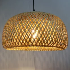 Suspension Circulaire en Rotin et Bambou 38cmx20cm Double Abat-Jour, Style Naturel Minimaliste Noir E27