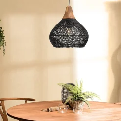 Suspension "cloche" 40x40cm en rotin couleur noire et teck