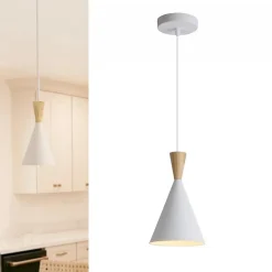 Suspension de Plafond Style Nordique en Aluminium Blanc avec Détails en Bois - Douille E27 pour Salon Salle à Manger.