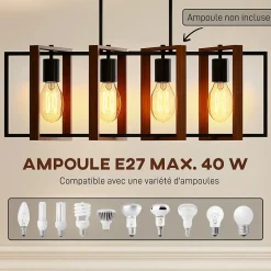 Suspension design 4 lumières cadres rotatifs - hauteur réglable - acier noir bois coloris noyer