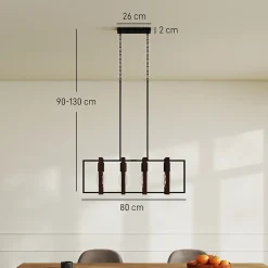 Suspension design 4 lumières cadres rotatifs - hauteur réglable - acier noir bois coloris noyer