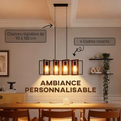 Suspension design 4 lumières cadres rotatifs - hauteur réglable - acier noir bois coloris noyer