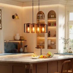 Suspension design 4 lumières cadres rotatifs - hauteur réglable - acier noir bois coloris noyer