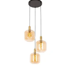 Suspension design noire avec laiton et verre ambré 3 lumières - Zuzanna
