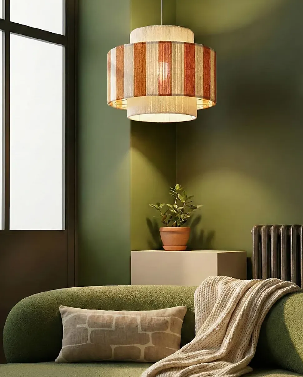 Suspension en corde de coton rayée E27 40W blanc et orange Ø38 cm Jumell Moyo