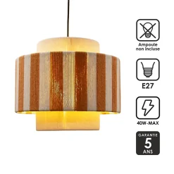 Suspension en corde de coton rayée E27 40W blanc et orange Ø38 cm Jumell Moyo
