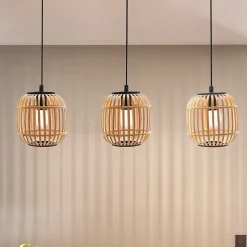 Suspension en métal noir bois 3 lampes E27 84W H.110 x L.91cm Eglo, Hanoi