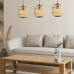 Suspension en métal noir bois 3 lampes E27 84W H.110 x L.91cm Eglo, Hanoi