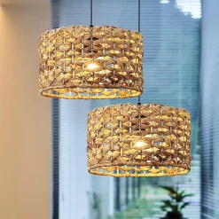 Suspension en Rotin Naturel 28 cm Style Rustique Bohème, Compatible avec Ampoule E27