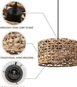 Suspension en Rotin Naturel 30cm Style Rustique Bohème, Compatible avec Ampoule E27