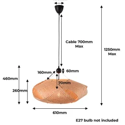 Suspension en rotin noir tressé à la main, design géométrique, style naturel boho, douille E27 pour salon ou salle à manger 61 cm