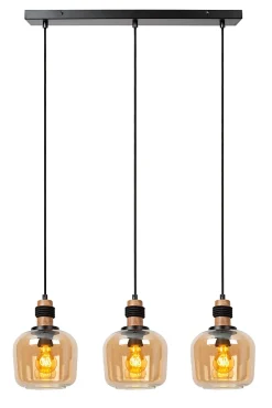 Suspension en verre 3 lampes E27 120W noir et ambre L.70 x l.18 x H.150 cm Lucide Ilona