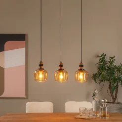 Suspension en verre 3 lampes E27 120W noir et ambre L.70 x l.18 x H.150 cm Lucide Ilona