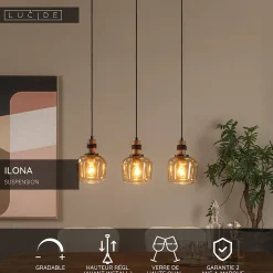 Suspension en verre 3 lampes E27 120W noir et ambre L.70 x l.18 x H.150 cm Lucide Ilona