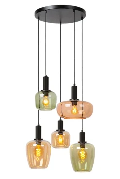 Suspension en verre 5 lampes ambré Ø65cm E27 40W Lucide, Ilona
