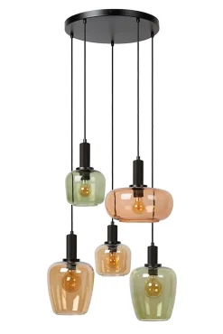 Suspension en verre 5 lampes ambré Ø65cm E27 40W Lucide, Ilona