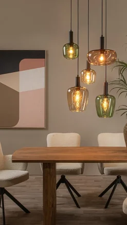 Suspension en verre 5 lampes ambré Ø65cm E27 40W Lucide, Ilona